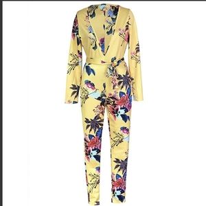 Long Sleeve Deep V-Neck Floral Jumpsuit